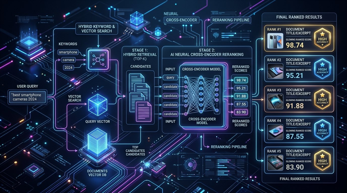 Two-Stage Hybrid Search and Neural Cross-Encoder Reranking Pipeline